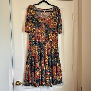 2XL LuLaRoe Paisley Gray Nicole Dress with Bright Pink and Yellow
